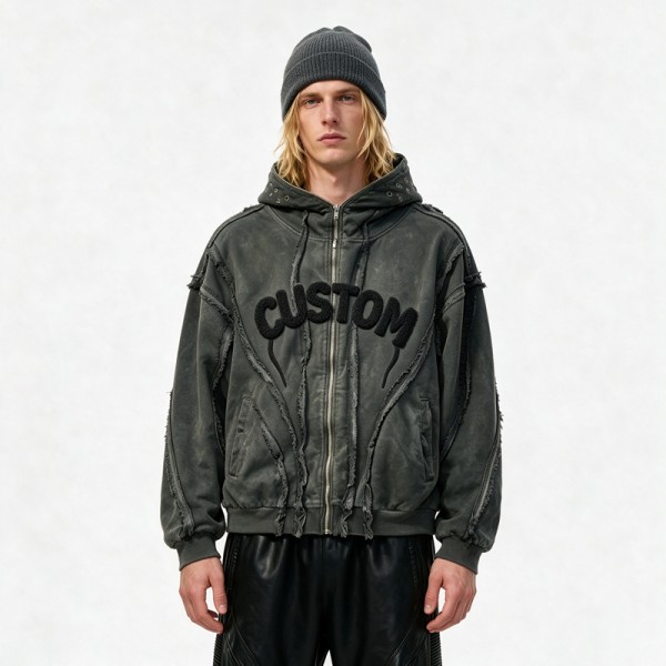 Washed Towel Embroidery Hoodie with Eyelet Rivet | Frayed Raw Edge Grunge Letter Design | Custom Streetwear