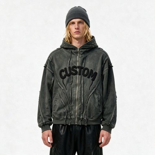 Washed Towel Embroidery Hoodie with Eyelet Rivet | Frayed Raw Edge Grunge Letter Design | Custom Streetwear