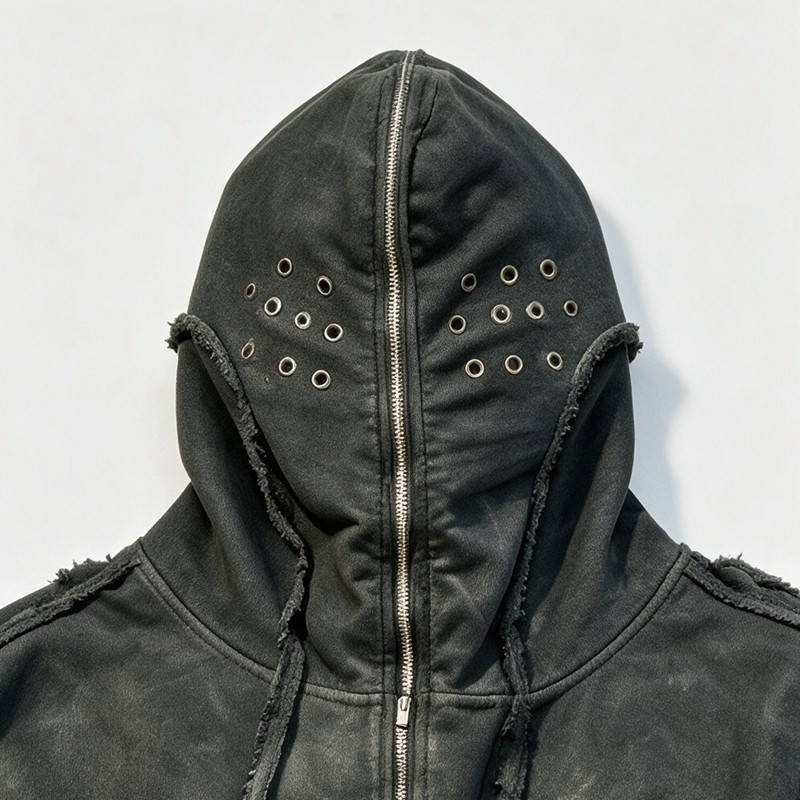 Washed Towel Embroidery Hoodie with Eyelet Rivet