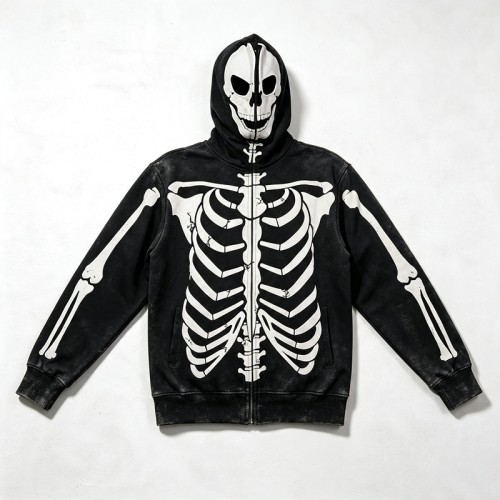 Acid Wash Screen Print Full Face Zip Hoodie | Cracked Vintage Full Body Skeleton Graphic | OEM Streetwear