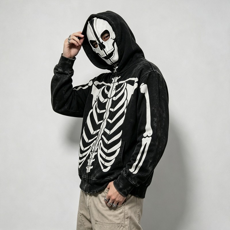 Acid Wash Screen Print Full Face Zip Hoodie