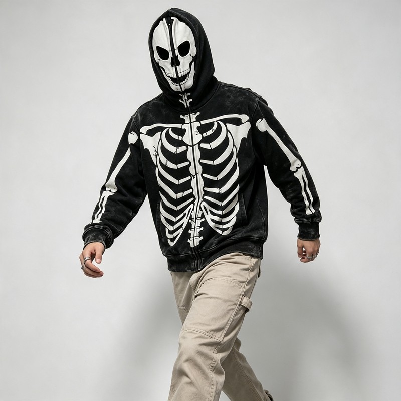 Acid Wash Screen Print Full Face Zip Hoodie