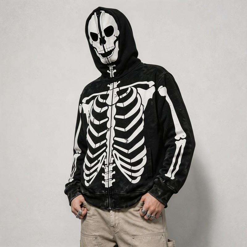 Acid Wash Screen Print Full Face Zip Hoodie