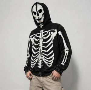 Acid Wash Screen Print Full Face Zip Hoodie | Cracked Vintage Full Body Skeleton Graphic | OEM Streetwear