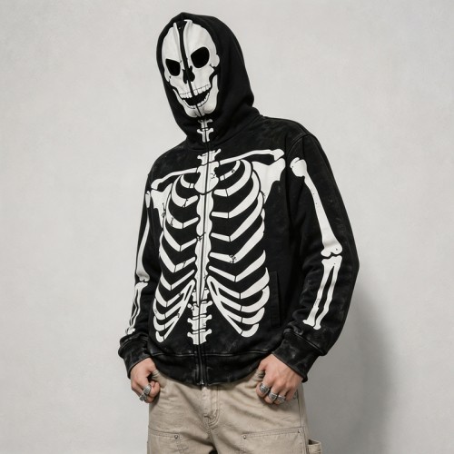 Acid Wash Screen Print Full Face Zip Hoodie | Cracked Vintage Full Body Skeleton Graphic | OEM Streetwear