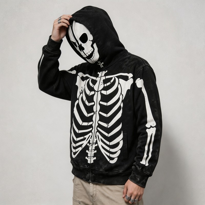 Acid Wash Screen Print Full Face Zip Hoodie