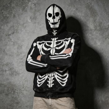 Acid Wash Screen Print Full Face Zip Hoodie | Cracked Vintage Full Body Skeleton Graphic | OEM Streetwear