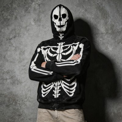 Acid Wash Screen Print Full Face Zip Hoodie | Cracked Vintage Full Body Skeleton Graphic | OEM Streetwear