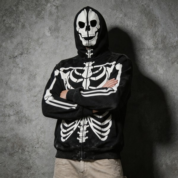 Acid Wash Screen Print Full Face Zip Hoodie | Cracked Vintage Full Body Skeleton Graphic | OEM Streetwear