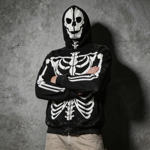 Acid Wash Screen Print Full Face Zip Hoodie | Cracked Vintage Full Body Skeleton Graphic | OEM Streetwear