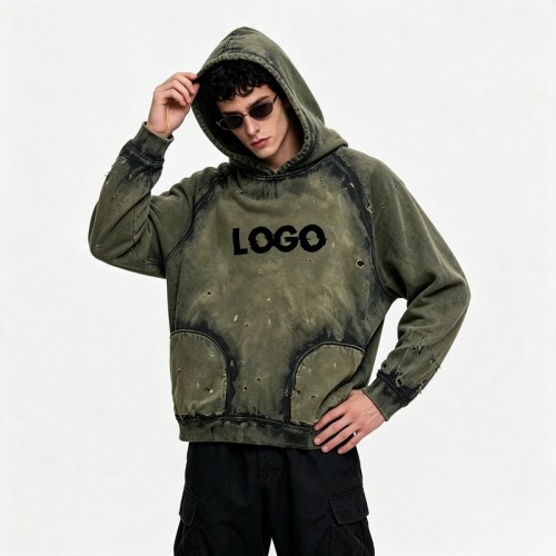 Distress Hoodie with Washed Spray Dye Ripped | Army Green Punk Street Casual Wear | Custom Streetwear