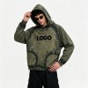Distress Hoodie with Washed Spray Dye Ripped | Army Green Punk Street Casual Wear | Custom Streetwear