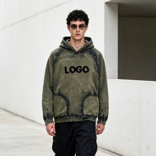 Distress Hoodie with Washed Spray Dye Ripped | Army Green Punk Street Casual Wear | Custom Streetwear