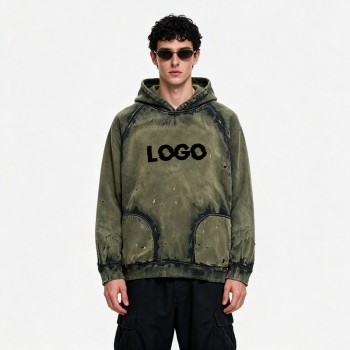 Distress Hoodie with Washed Spray Dye Ripped | Army Green Punk Street Casual Wear | Custom Streetwear