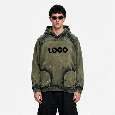Distress Hoodie with Washed Spray Dye Ripped | Army Green Punk Street Casual Wear | Custom Streetwear