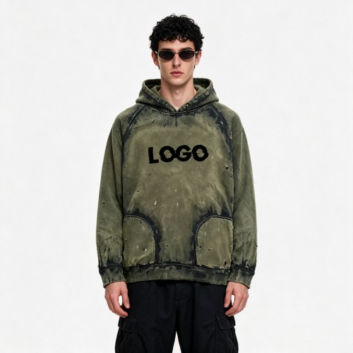 Distress Hoodie with Washed Spray Dye Ripped | Army Green Punk Street Casual Wear | Custom Streetwear