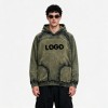 Distress Hoodie with Washed Spray Dye Ripped | Army Green Punk Street Casual Wear | Custom Streetwear