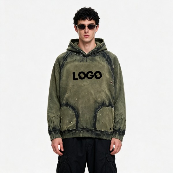 Distress Hoodie with Washed Spray Dye Ripped | Army Green Punk Street Casual Wear | Custom Streetwear