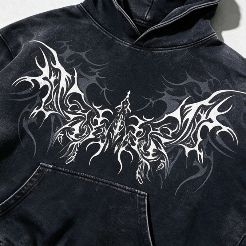 Distress Hoodie With Washed and Screen Print Ripped Craft