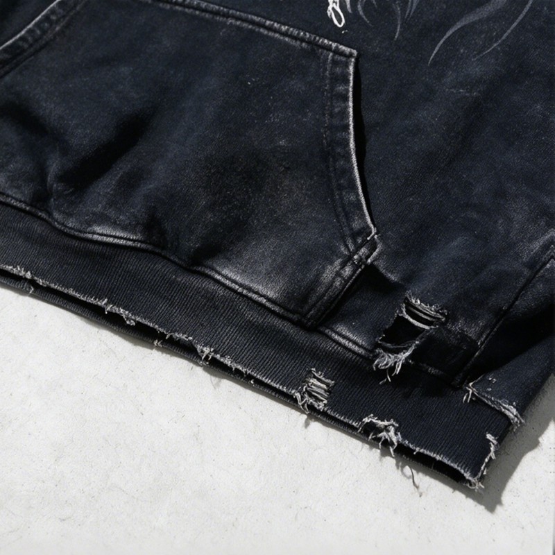 Distress Hoodie With Washed and Screen Print Ripped Craft