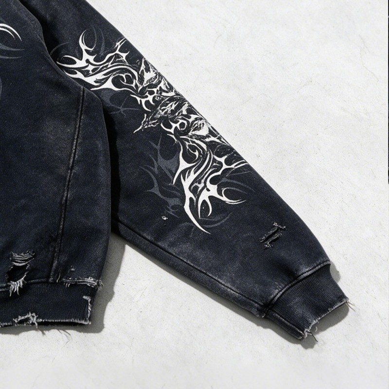 Distress Hoodie With Washed and Screen Print Ripped Craft