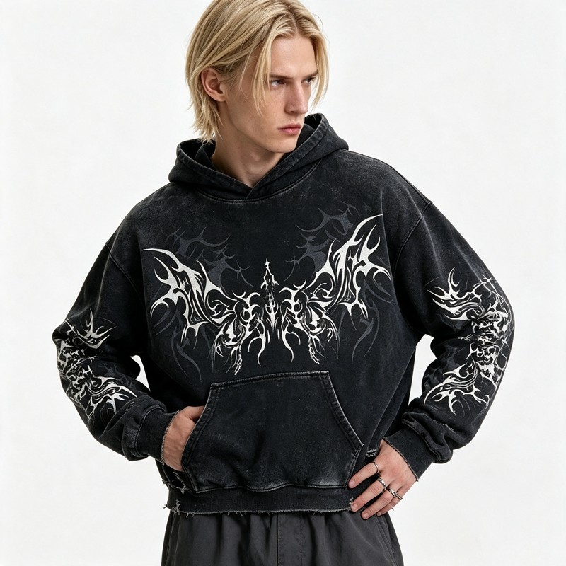Distress Hoodie With Washed and Screen Print Ripped Craft