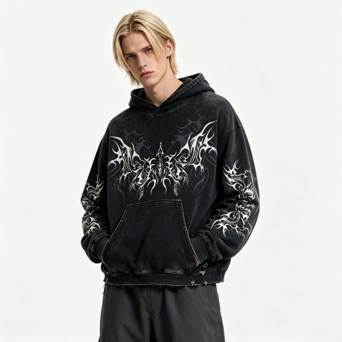 Distress Hoodie With Washed and Screen Print Ripped Craft | Gothic Punk Streetwear | Streetwear Manufacturer
