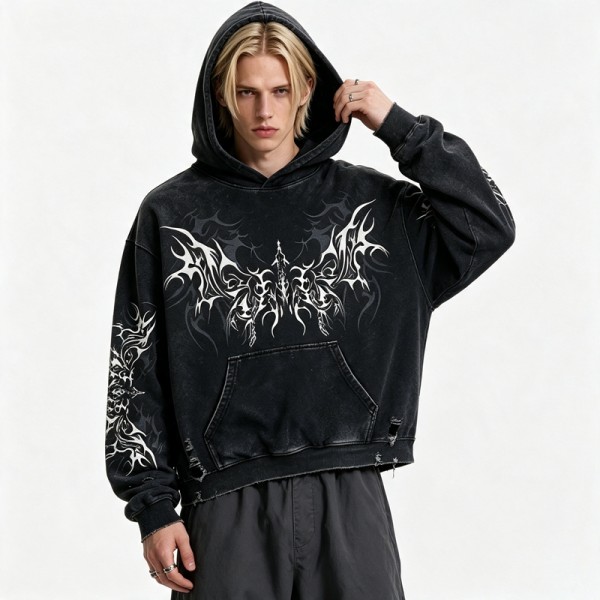 Distress Hoodie With Washed and Screen Print Ripped Craft | Gothic Punk Streetwear | Streetwear Manufacturer