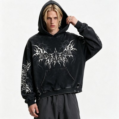 Distress Hoodie With Washed and Screen Print Ripped Craft | Gothic Punk Streetwear | Streetwear Manufacturer