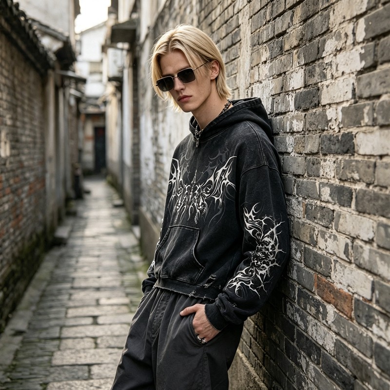 Distress Hoodie With Washed and Screen Print Ripped Craft