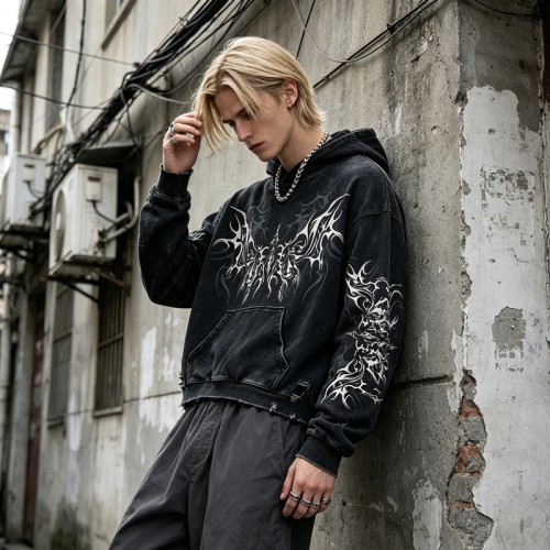 Distress Hoodie With Washed and Screen Print Ripped Craft | Gothic Punk Streetwear | Streetwear Manufacturer