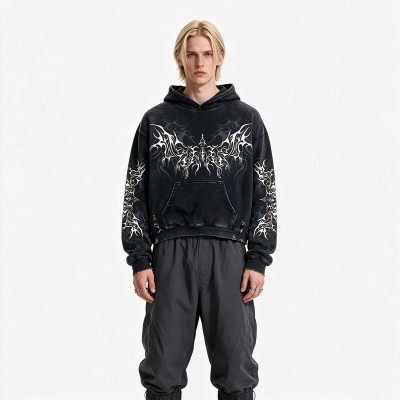 Distress Hoodie With Washed and Screen Print Ripped Craft | Gothic Punk Streetwear | Streetwear Manufacturer