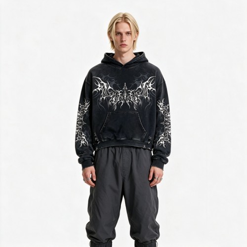 Distress Hoodie With Washed and Screen Print Ripped Craft | Gothic Punk Streetwear | Streetwear Manufacturer