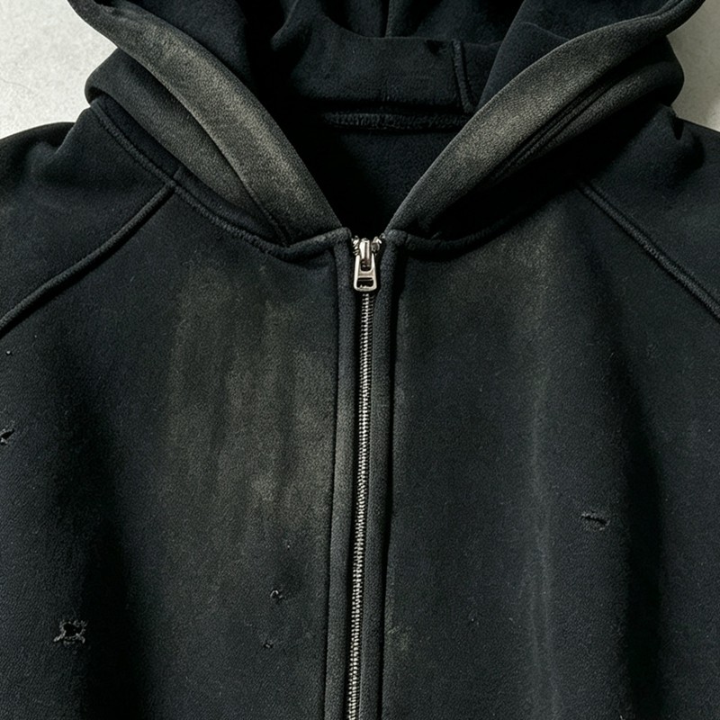 Distress Zip Up Hoodie With Washed Spray Dye Ripped Craft