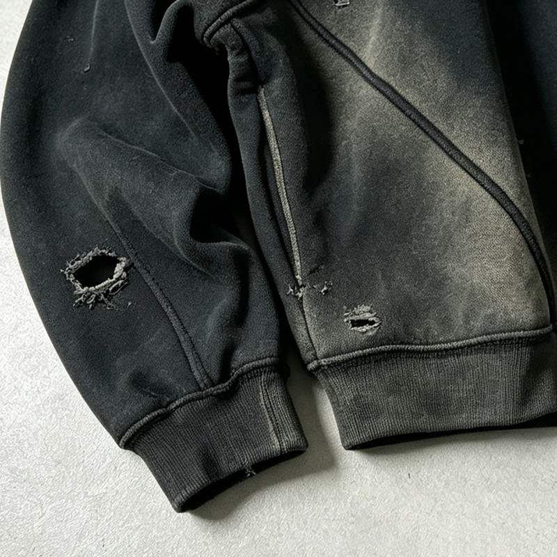 Distress Zip Up Hoodie With Washed Spray Dye Ripped Craft