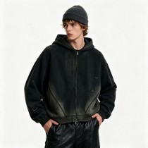 Distress Zip Up Hoodie With Washed Spray Dye Ripped Craft | Grunge Punk Streetwear | Clothing Manufacturer