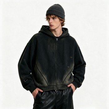 Distress Zip Up Hoodie With Washed Spray Dye Ripped Craft | Grunge Punk Streetwear | Clothing Manufacturer