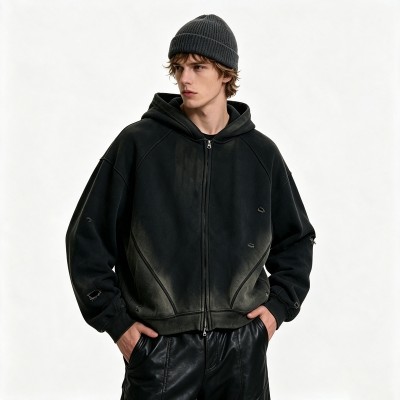 Distress Zip Up Hoodie With Washed Spray Dye Ripped Craft | Grunge Punk Streetwear | Clothing Manufacturer