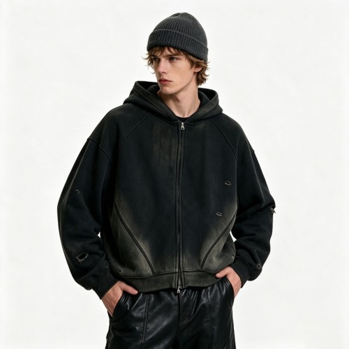 Distress Zip Up Hoodie With Washed Spray Dye Ripped Craft | Grunge Punk Streetwear | Clothing Manufacturer