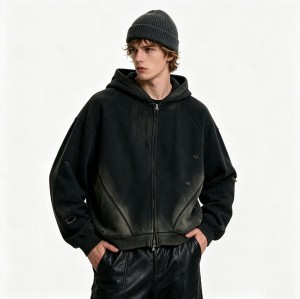 Distress Zip Up Hoodie With Washed Spray Dye Ripped Craft | Grunge Punk Streetwear | Clothing Manufacturer