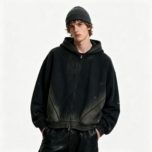 Distress Zip Up Hoodie With Washed Spray Dye Ripped Craft | Grunge Punk Streetwear | Clothing Manufacturer