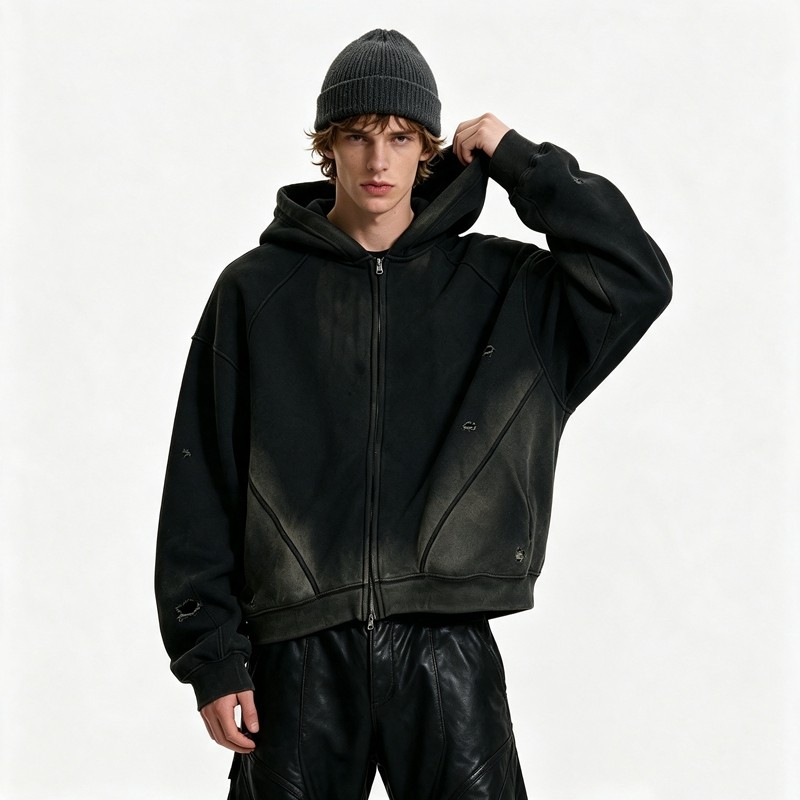 Distress Zip Up Hoodie With Washed Spray Dye Ripped Craft