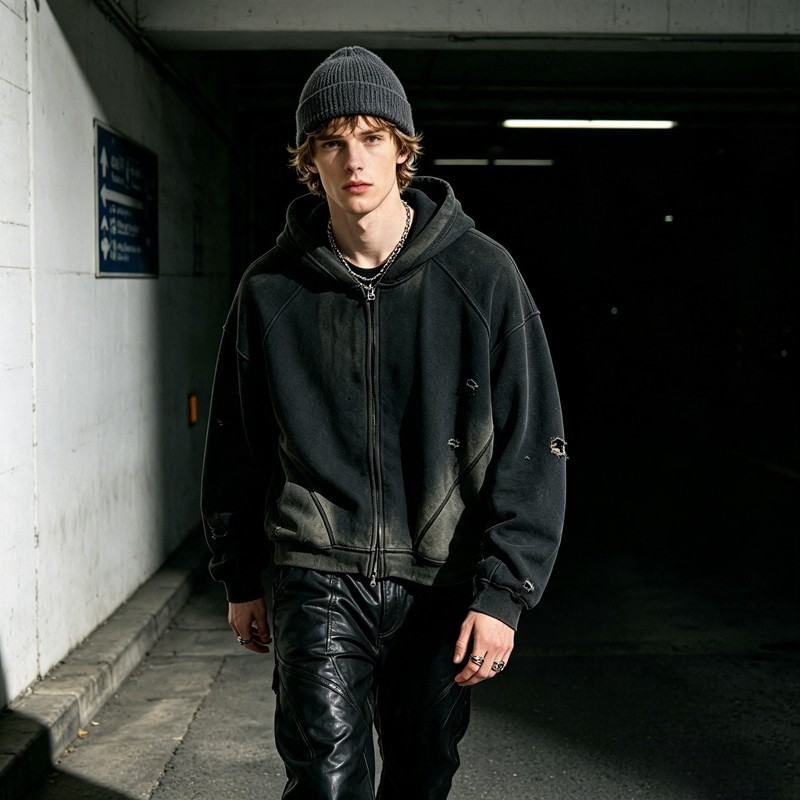 Distress Zip Up Hoodie With Washed Spray Dye Ripped Craft