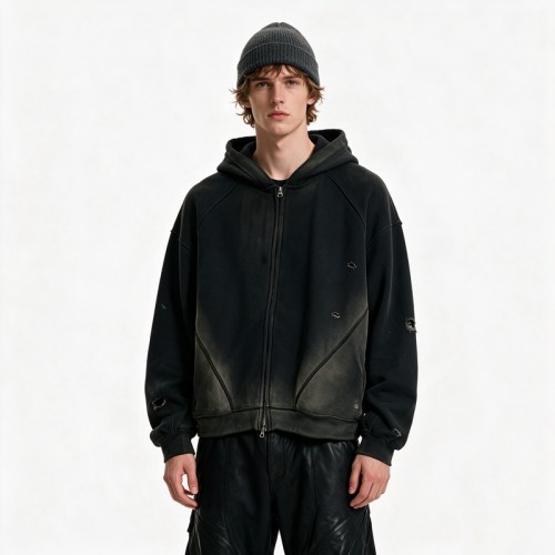 Distress Zip Up Hoodie With Washed Spray Dye Ripped Craft | Grunge Punk Streetwear | Clothing Manufacturer