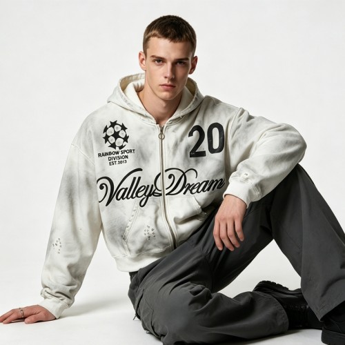 Washed Spray Dye Screen Print Zip Up Distress Hoodie | Vintage Faded Ripped Cropped Design | OEM Streetwear