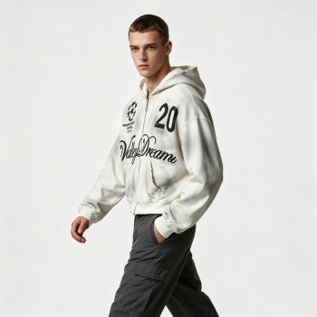 Washed Spray Dye Screen Print Zip Up Distress Hoodie | Vintage Faded Ripped Cropped Design | OEM Streetwear