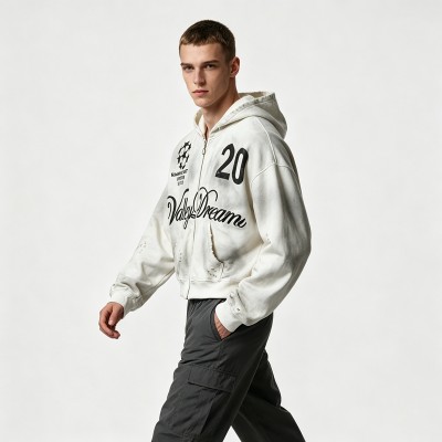 Washed Spray Dye Screen Print Zip Up Distress Hoodie | Vintage Faded Ripped Cropped Design | OEM Streetwear