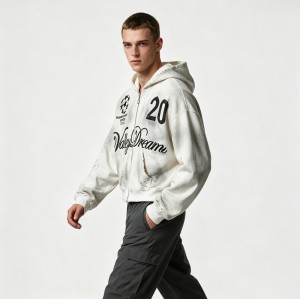 Washed Spray Dye Screen Print Zip Up Distress Hoodie | Vintage Faded Ripped Cropped Design | OEM Streetwear