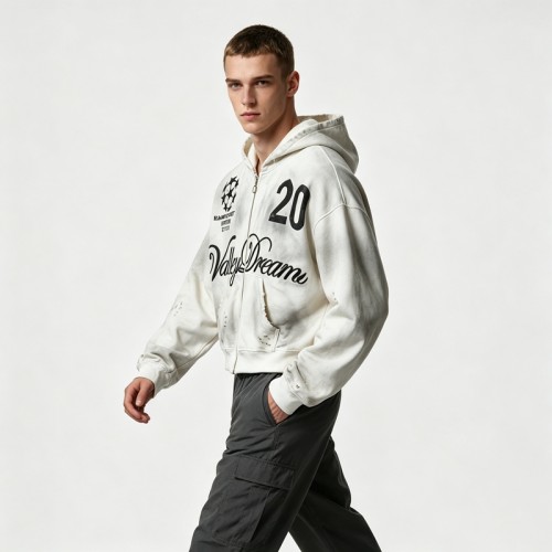Washed Spray Dye Screen Print Zip Up Distress Hoodie | Vintage Faded Ripped Cropped Design | OEM Streetwear
