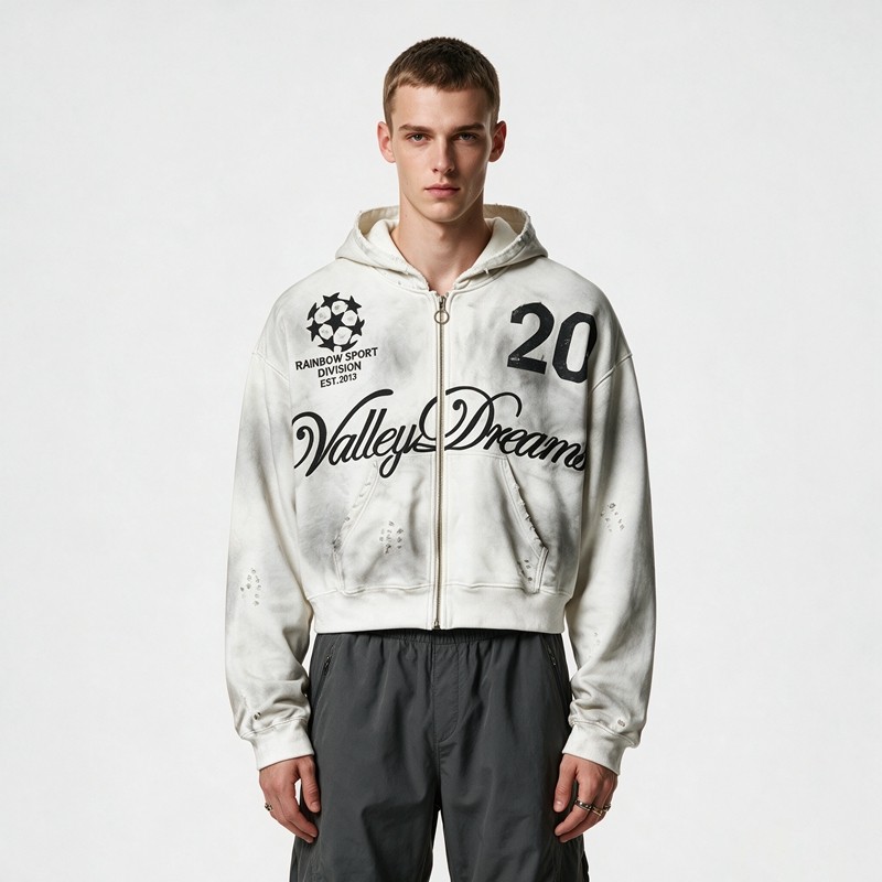 Washed Spray Dye Screen Print Zip Up Distress Hoodie